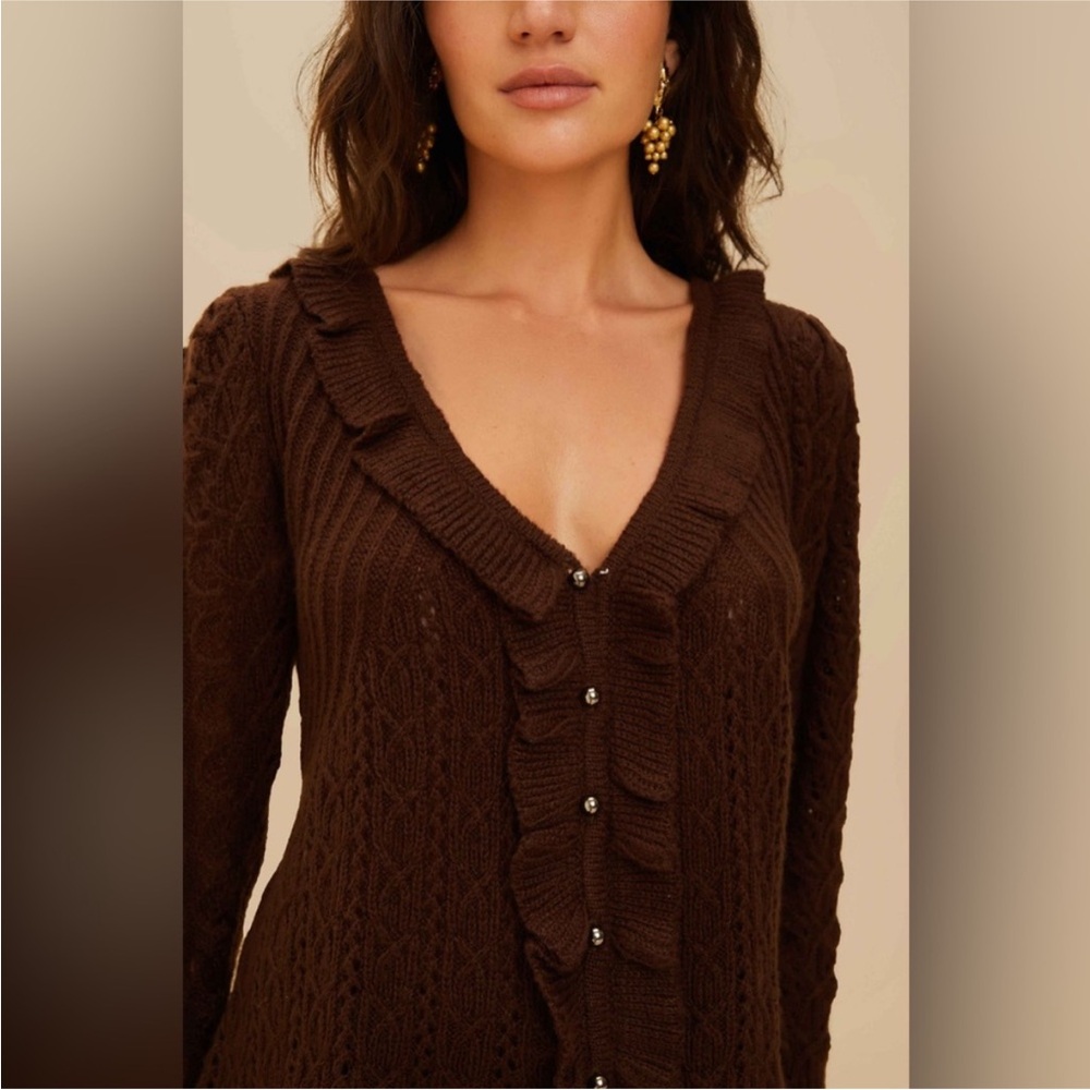 Farm Rio: NWT: Lace Stitch Knit Ruffles Cardigan - Brown DT - Picture 3 of 11